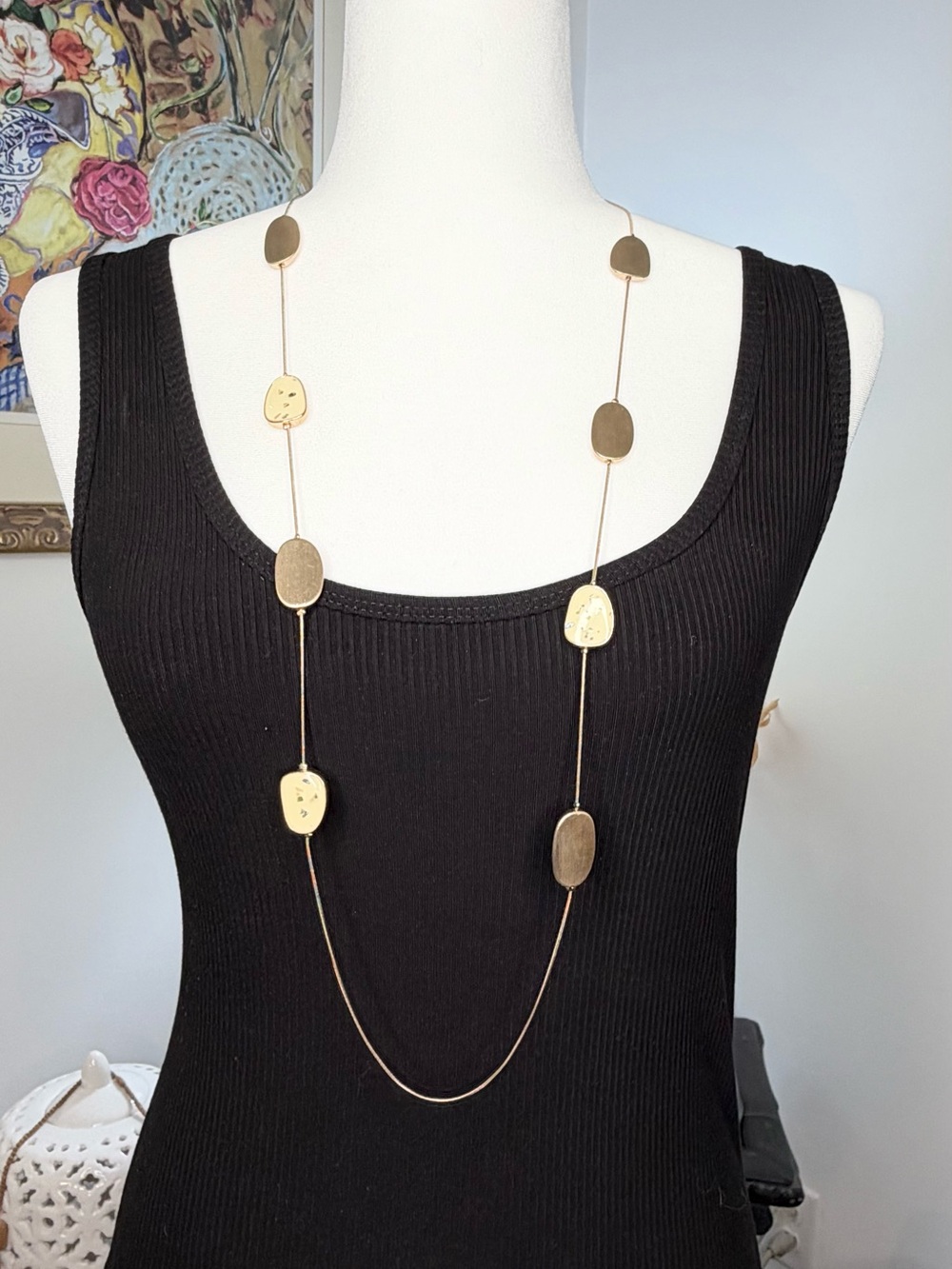 Long Gold Tone Geometric Station Necklace Minimalist Modern 39” Adjustable